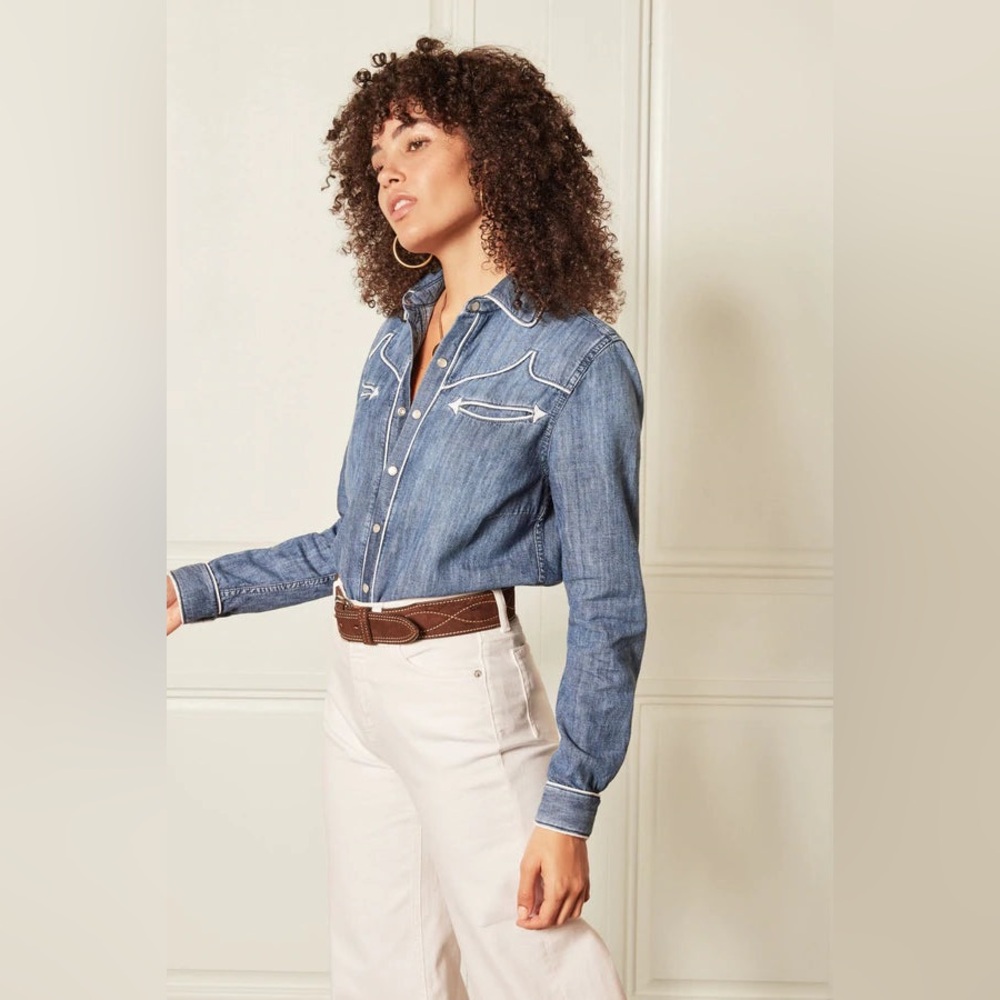 Boyish The Ace Western Pearl Snap Long Sleeve Denim Button Down Westworld
